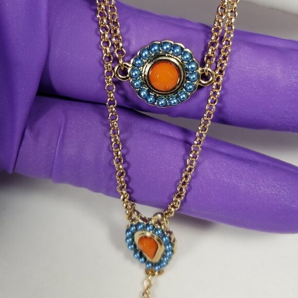 Women's Stylish Gold tone Hand Chain with 5 rings & Blue-Orange Stones - Picture 6 of 7